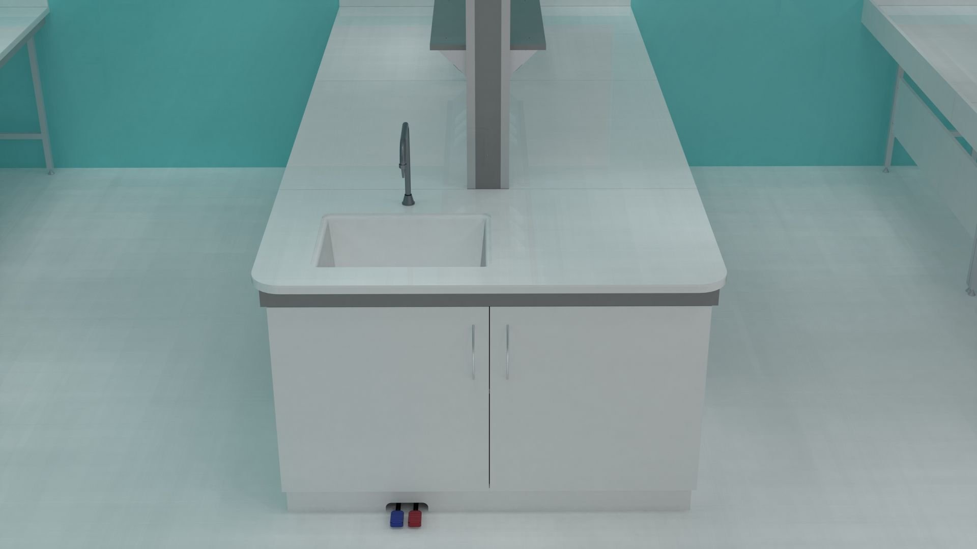 Paillasse en épi, exemple avec une laverie en extrémité du linéaire Paillasse épi avec une laverie en extrémité